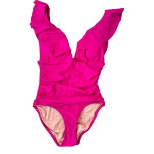 J Crew Ruched One Piece Swimsuit Fuchia Padded V Neck Size 8 Padded Plunge